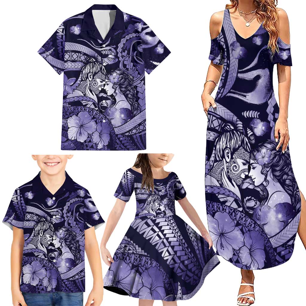 Personalised Maori Romantic Valentine Family Matching Summer Maxi Dress and Hawaiian Shirt The Hongi Kiss Purple Galaxy DT05 - Polynesian Pride