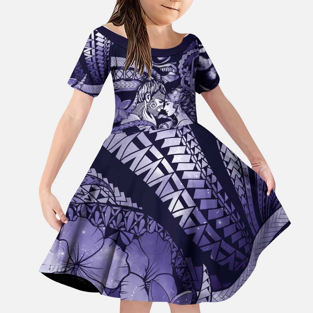 Personalised Maori Romantic Valentine Family Matching Tank Maxi Dress and Hawaiian Shirt The Hongi Kiss Purple Galaxy DT05 Daughter's Dress Purple - Polynesian Pride