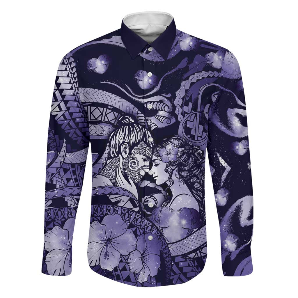 Personalised Maori Romantic Valentine Family Matching Tank Maxi Dress and Hawaiian Shirt The Hongi Kiss Purple Galaxy DT05 Dad's Shirt - Long Sleeve Purple - Polynesian Pride