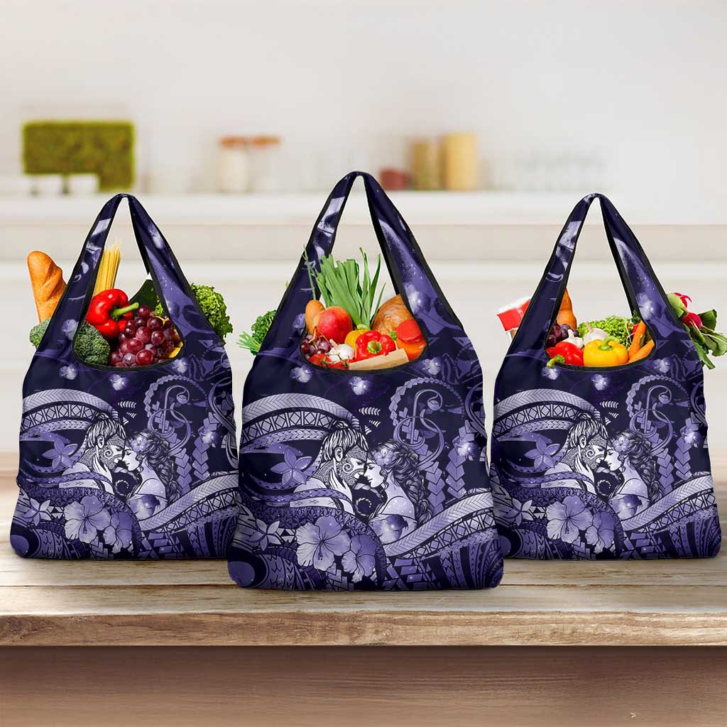 Maori Romantic Valentine Grocery Bag The Hongi Kiss Purple Galaxy