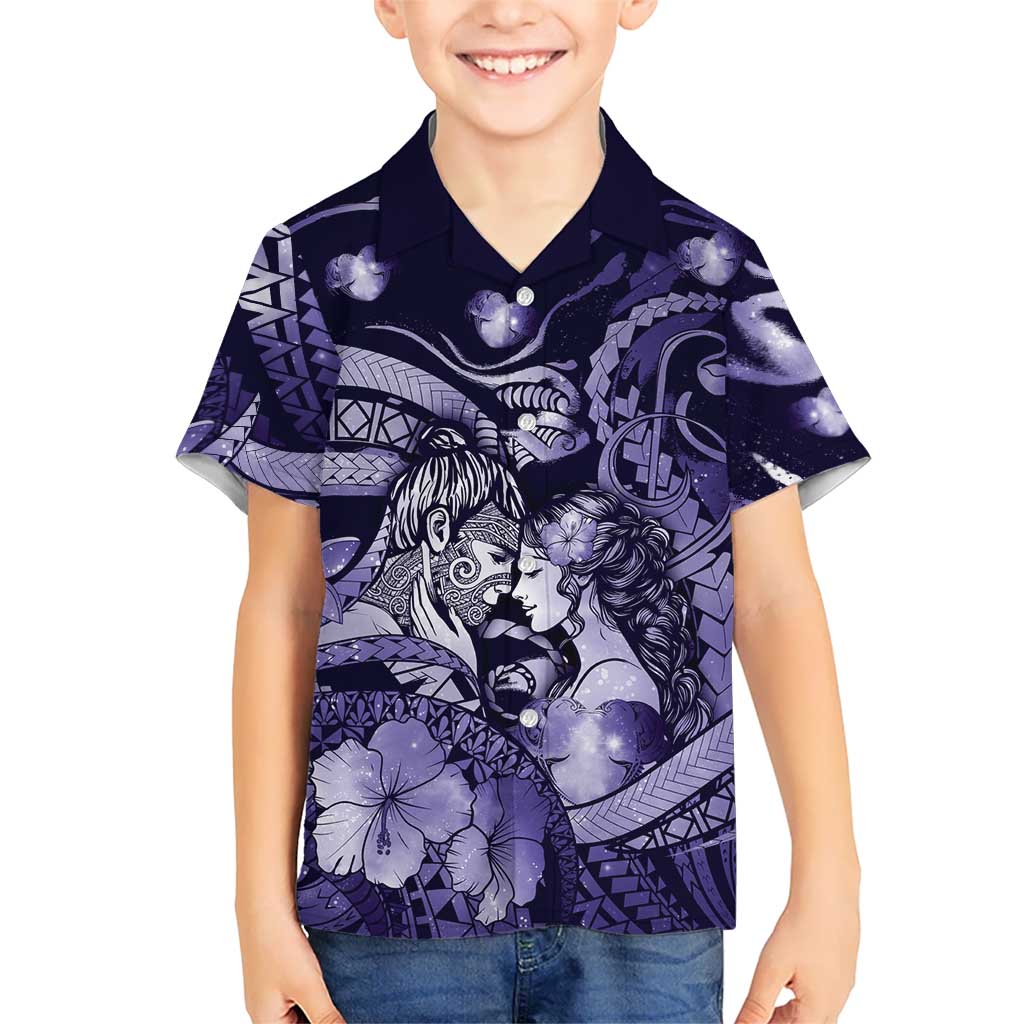 Personalised Maori Romantic Valentine Hawaiian Shirt The Hongi Kiss Purple Galaxy