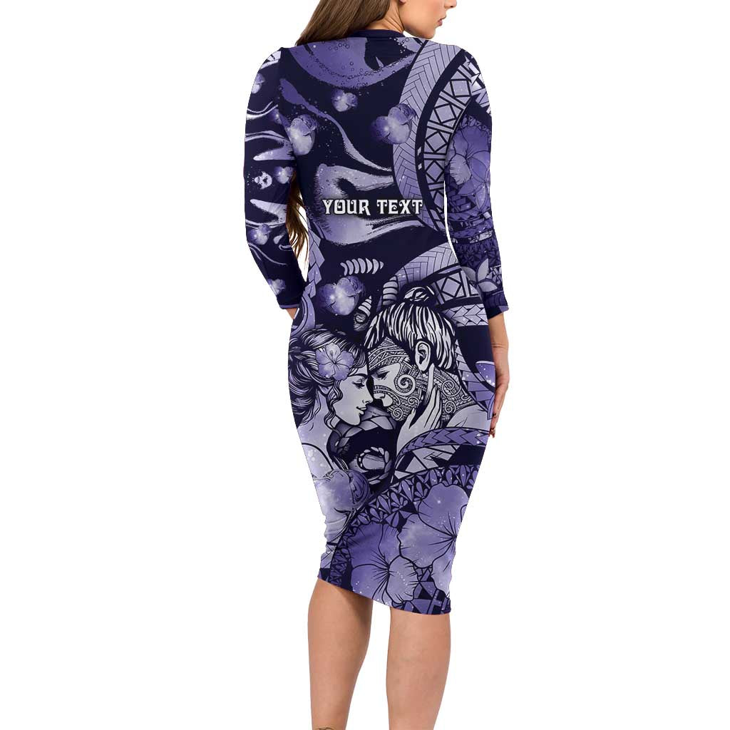 Personalised Maori Romantic Valentine Long Sleeve Bodycon Dress The Hongi Kiss Purple Galaxy DT05 - Polynesian Pride