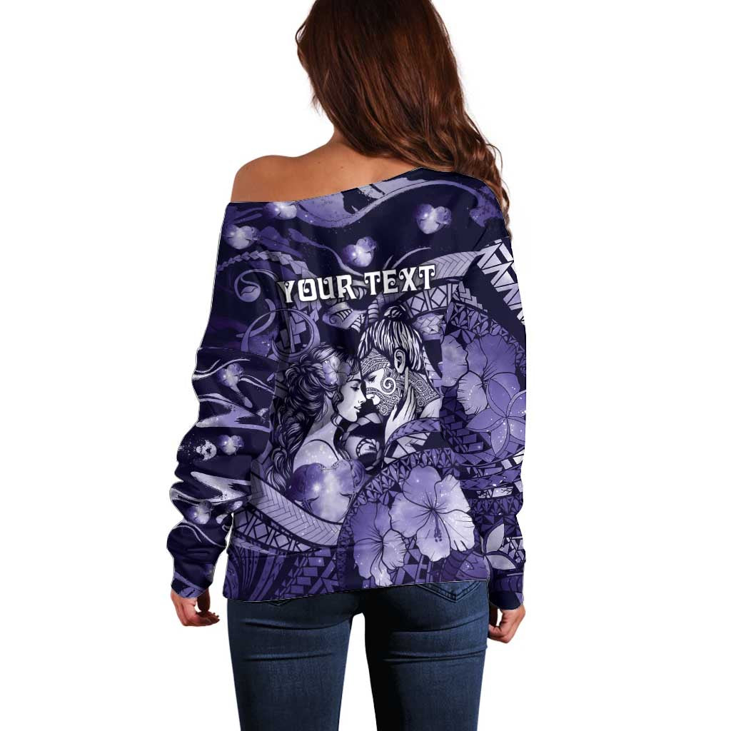 Personalised Maori Romantic Valentine Off Shoulder Sweater The Hongi Kiss Purple Galaxy DT05 - Polynesian Pride