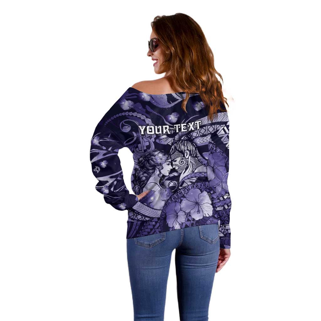 Personalised Maori Romantic Valentine Off Shoulder Sweater The Hongi Kiss Purple Galaxy DT05 - Polynesian Pride