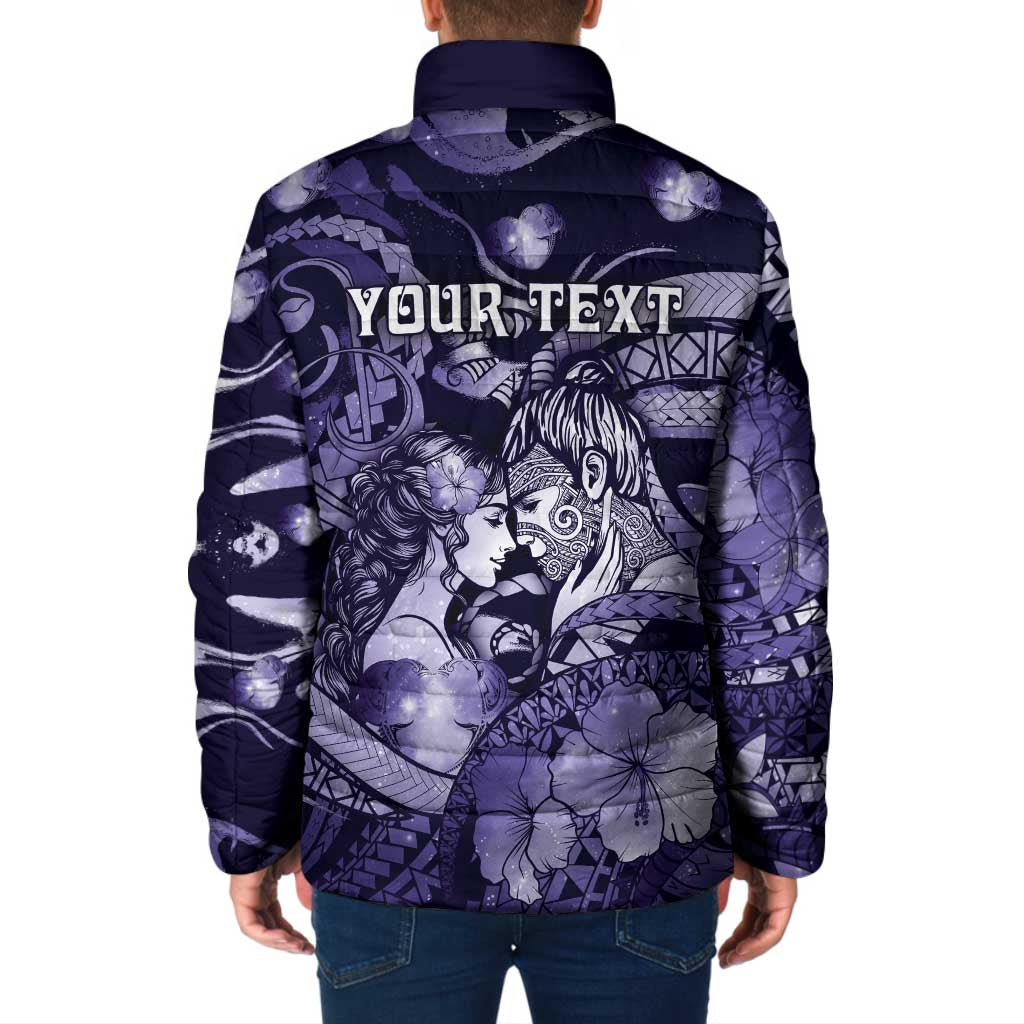 Personalised Maori Romantic Valentine Padded Jacket The Hongi Kiss Purple Galaxy