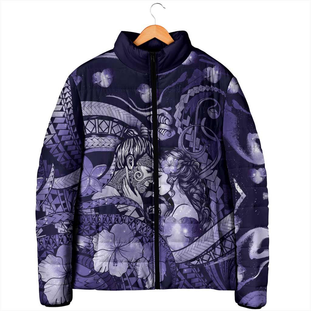Personalised Maori Romantic Valentine Padded Jacket The Hongi Kiss Purple Galaxy