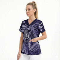 Personalised Maori Romantic Valentine Scrub Top The Hongi Kiss Purple Galaxy