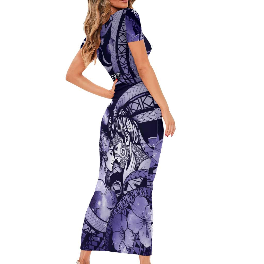 Personalised Maori Romantic Valentine Short Sleeve Bodycon Dress The Hongi Kiss Purple Galaxy DT05 - Polynesian Pride