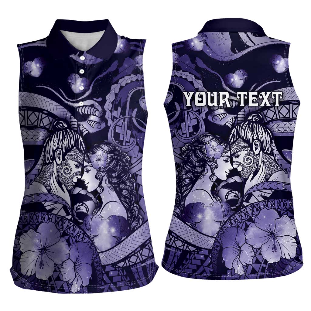 Personalised Maori Romantic Valentine Women Sleeveless Polo Shirt The Hongi Kiss Purple Galaxy DT05 - Polynesian Pride
