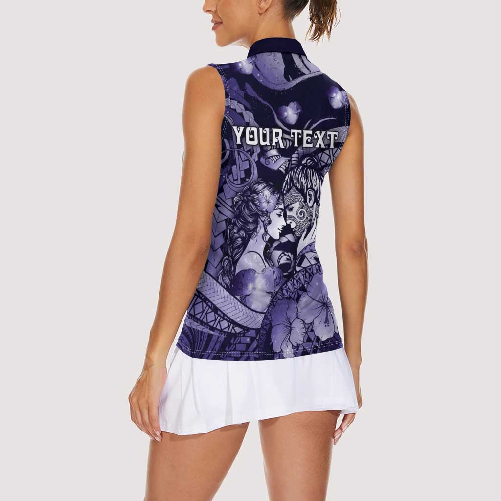 Personalised Maori Romantic Valentine Women Sleeveless Polo Shirt The Hongi Kiss Purple Galaxy DT05 - Polynesian Pride
