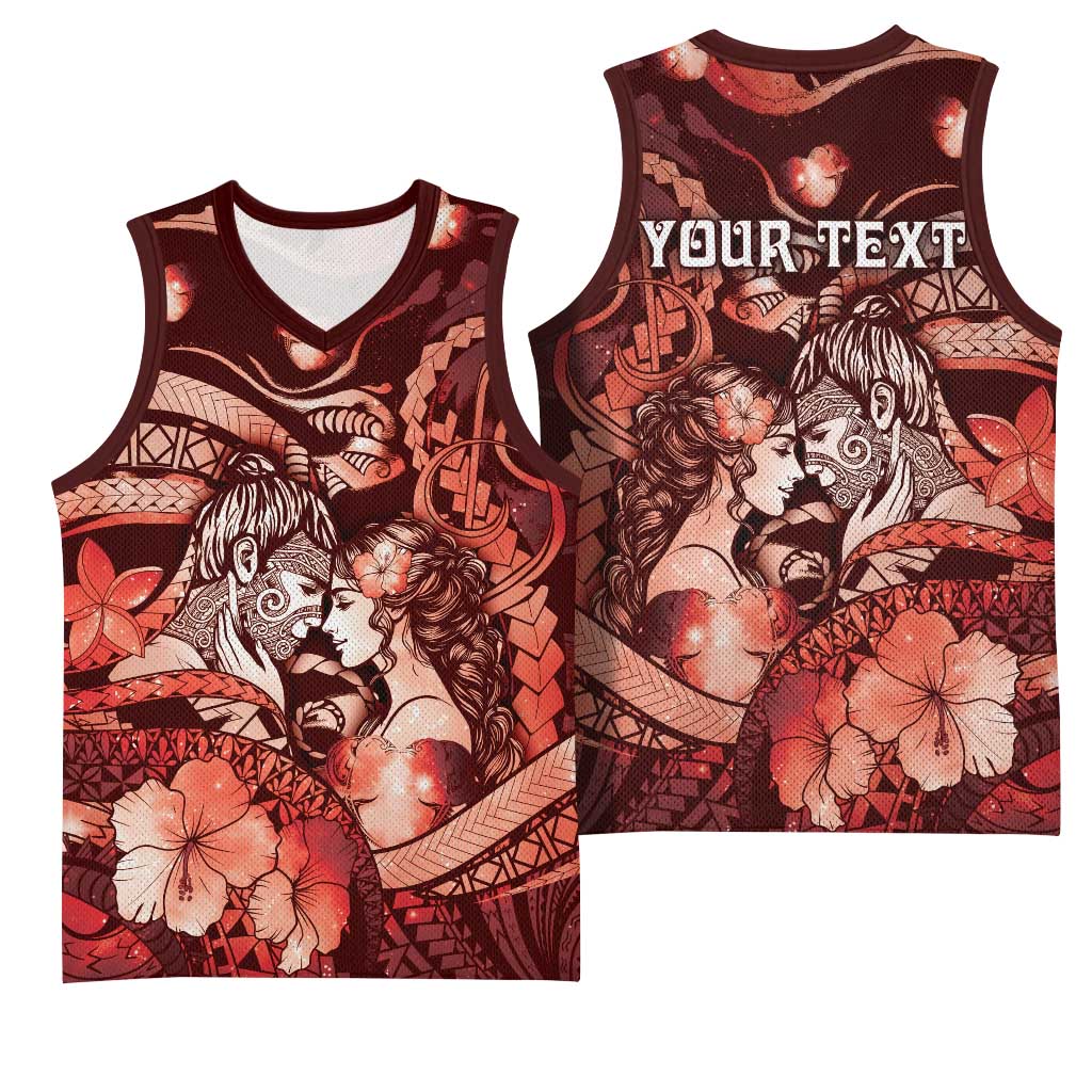 Personalised Maori Romantic Valentine Basketball Jersey The Hongi Kiss Red Galaxy