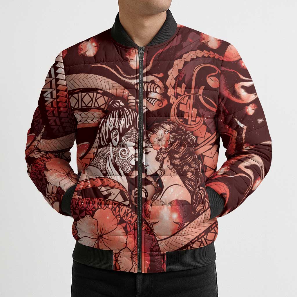 Personalised Maori Romantic Valentine Bomber Puffer Jacket The Hongi Kiss Red Galaxy