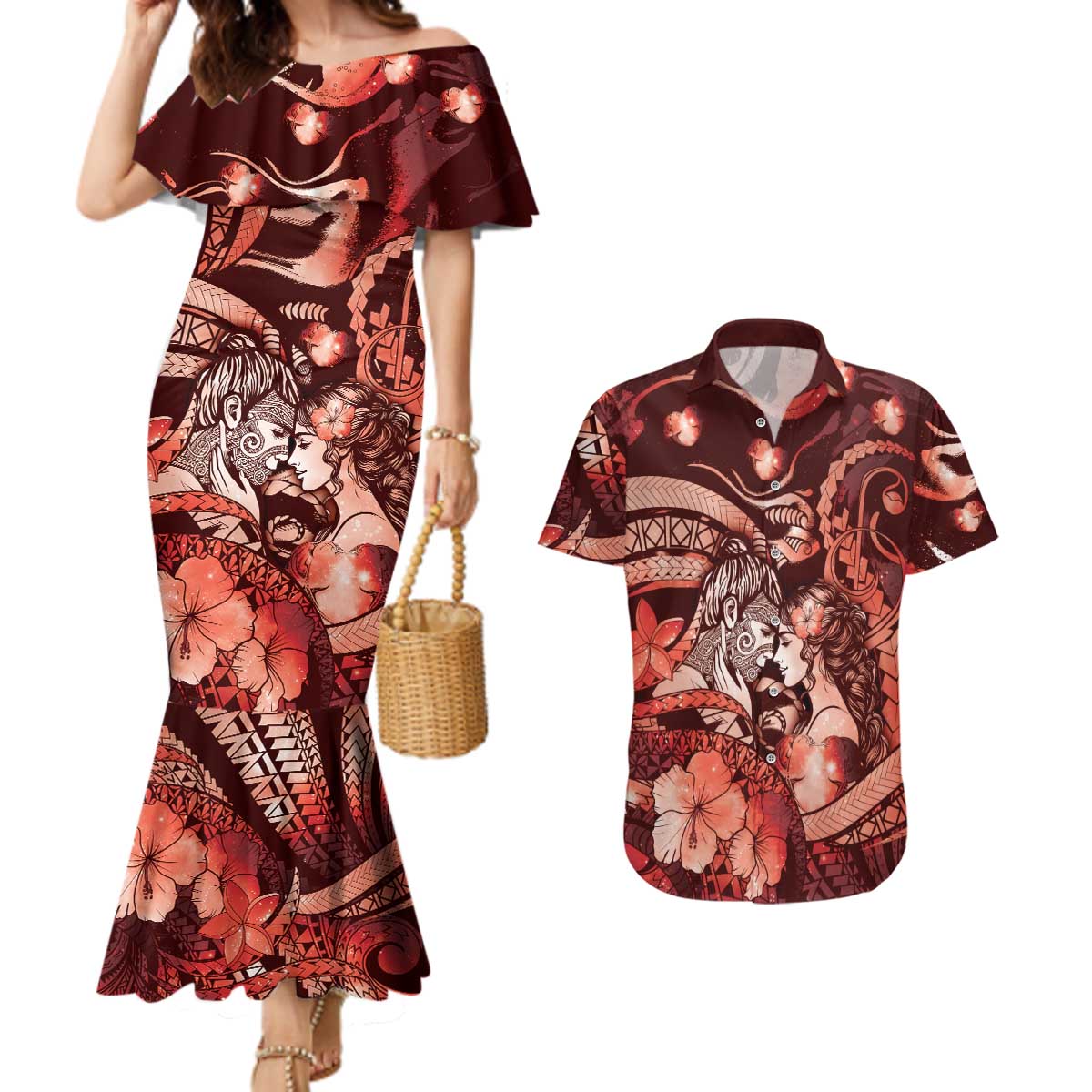 Personalised Maori Romantic Valentine Couples Matching Mermaid Dress and Hawaiian Shirt The Hongi Kiss Red Galaxy DT05 Red - Polynesian Pride