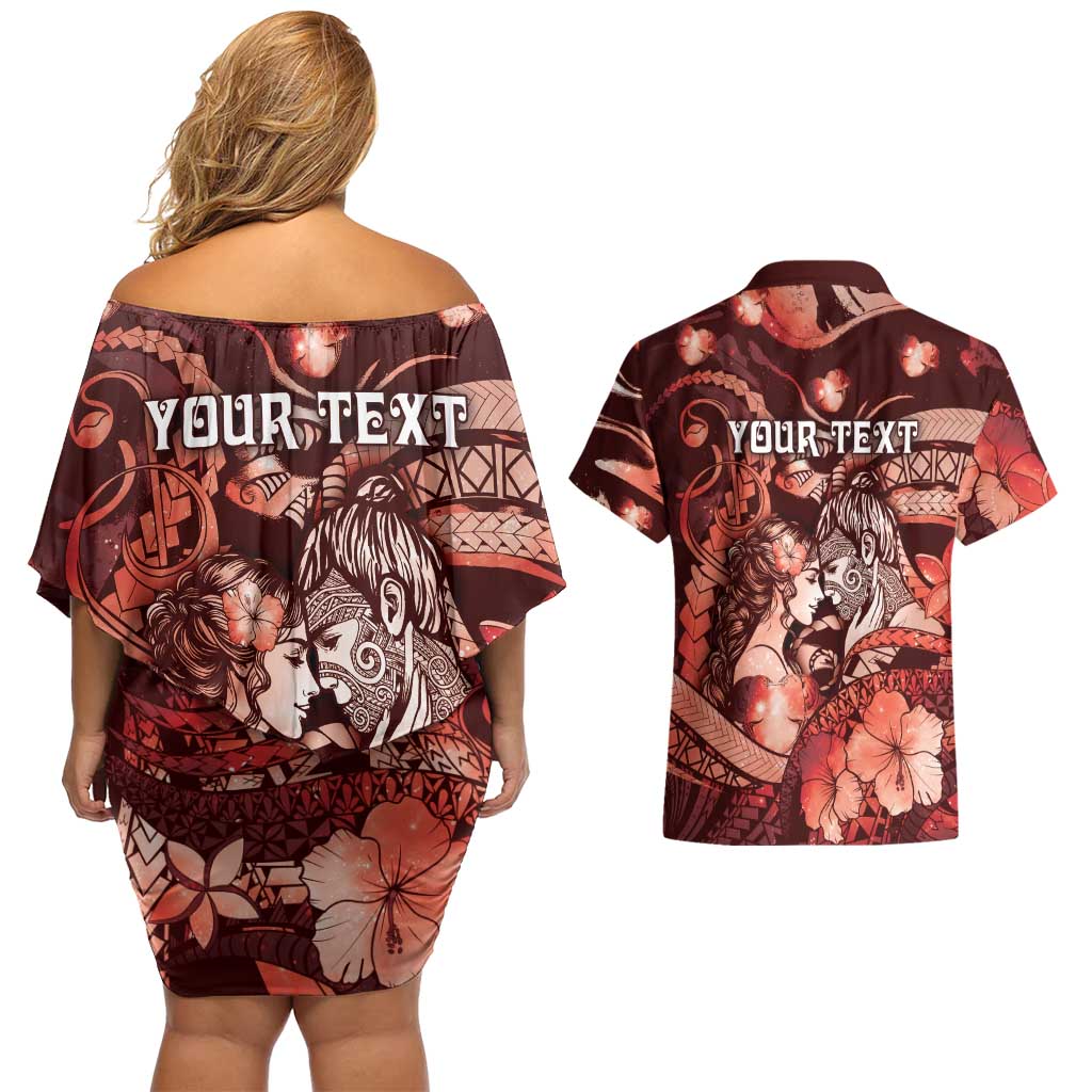 Personalised Maori Romantic Valentine Couples Matching Off Shoulder Short Dress and Hawaiian Shirt The Hongi Kiss Red Galaxy DT05 - Polynesian Pride