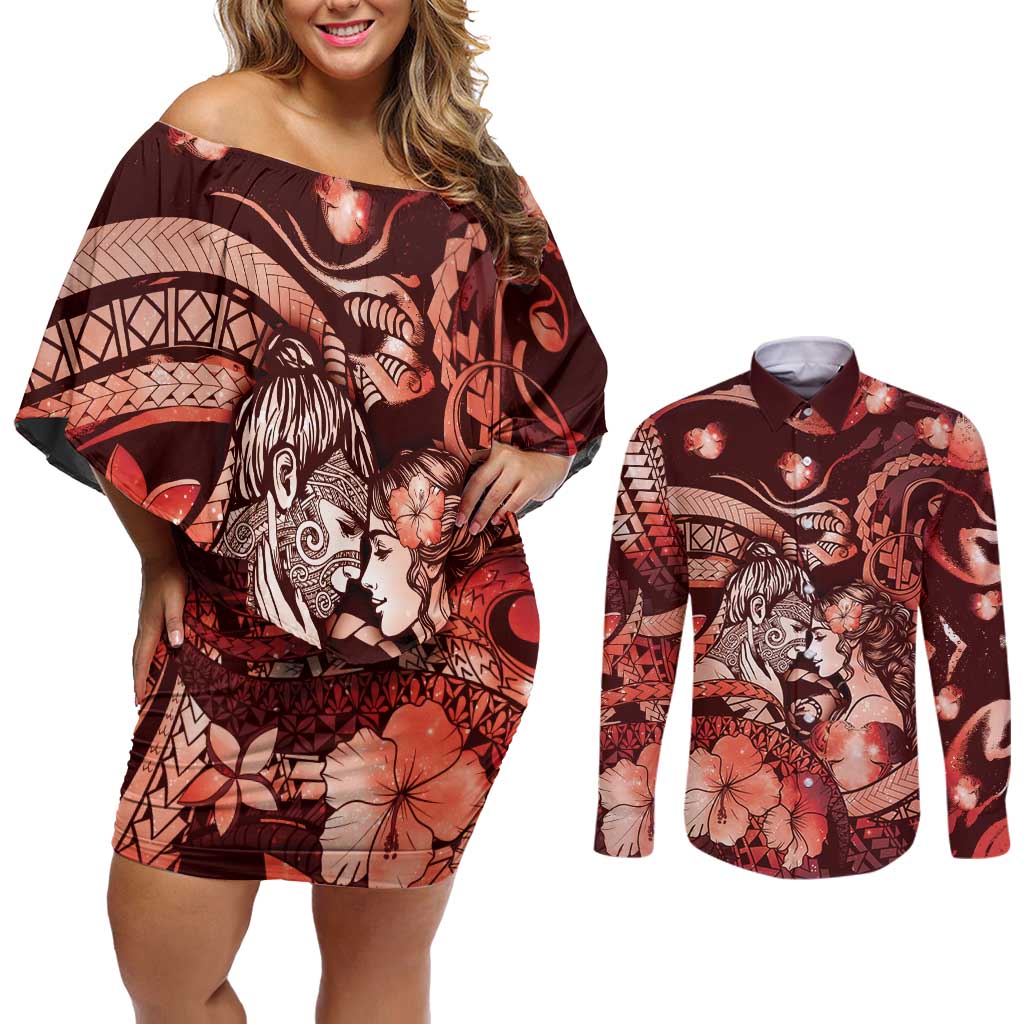 Personalised Maori Romantic Valentine Couples Matching Off Shoulder Short Dress and Long Sleeve Button Shirt The Hongi Kiss Red Galaxy DT05 Red - Polynesian Pride