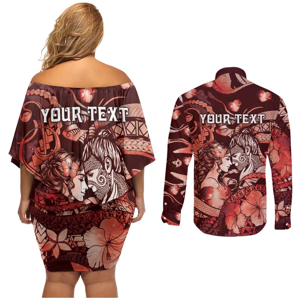 Personalised Maori Romantic Valentine Couples Matching Off Shoulder Short Dress and Long Sleeve Button Shirt The Hongi Kiss Red Galaxy DT05 - Polynesian Pride