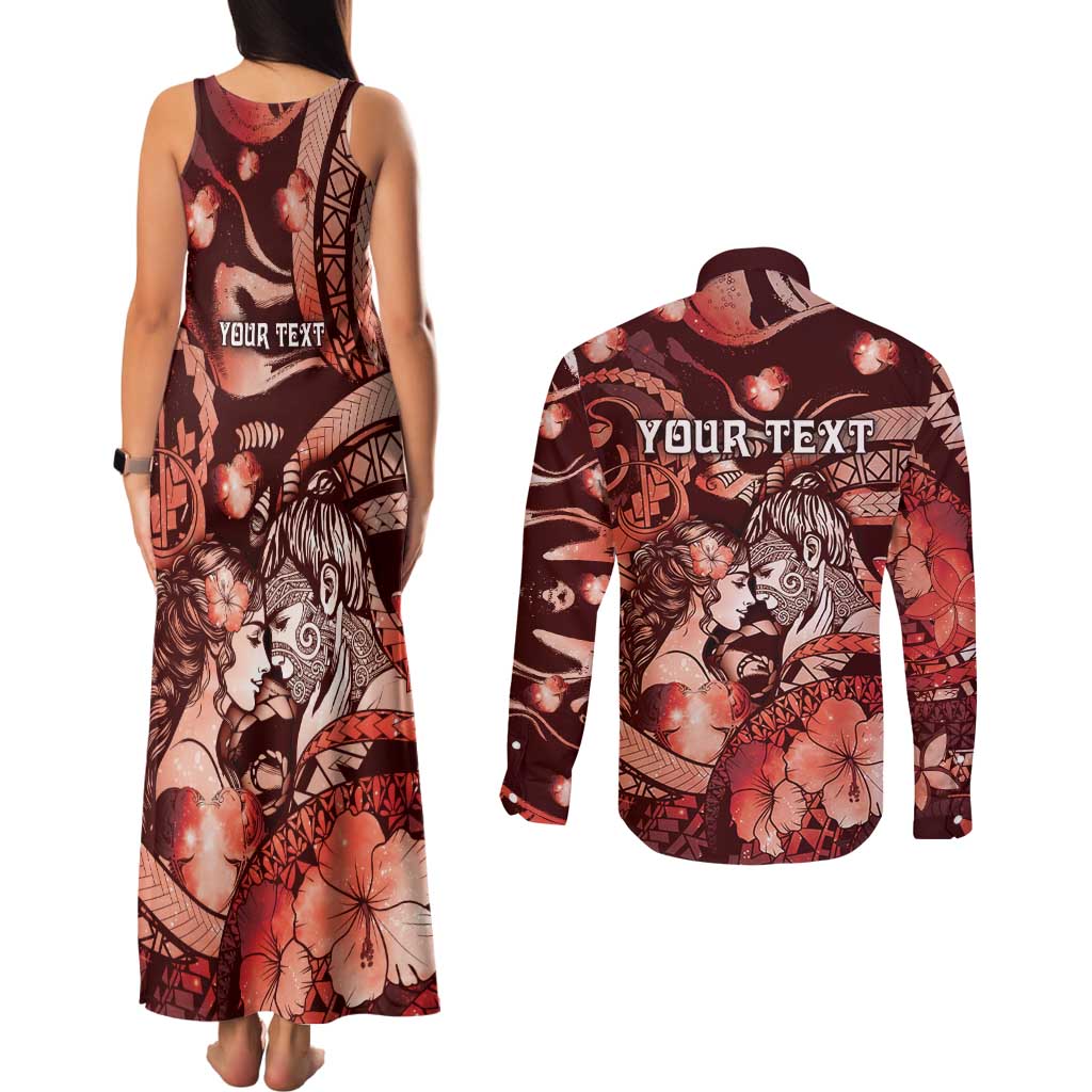 Personalised Maori Romantic Valentine Couples Matching Tank Maxi Dress and Long Sleeve Button Shirt The Hongi Kiss Red Galaxy DT05 - Polynesian Pride