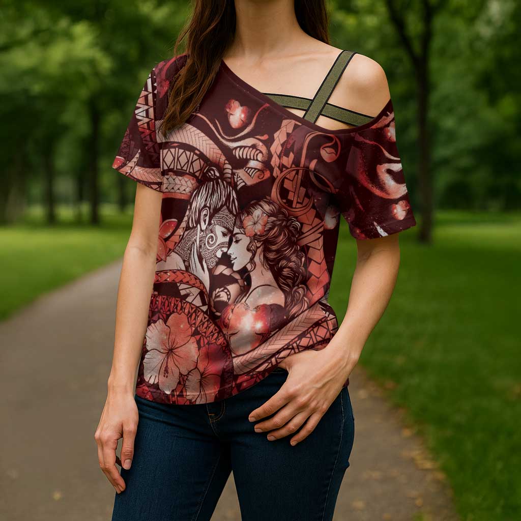 Personalised Maori Romantic Valentine Cross Shoulder Shirt The Hongi Kiss Red Galaxy