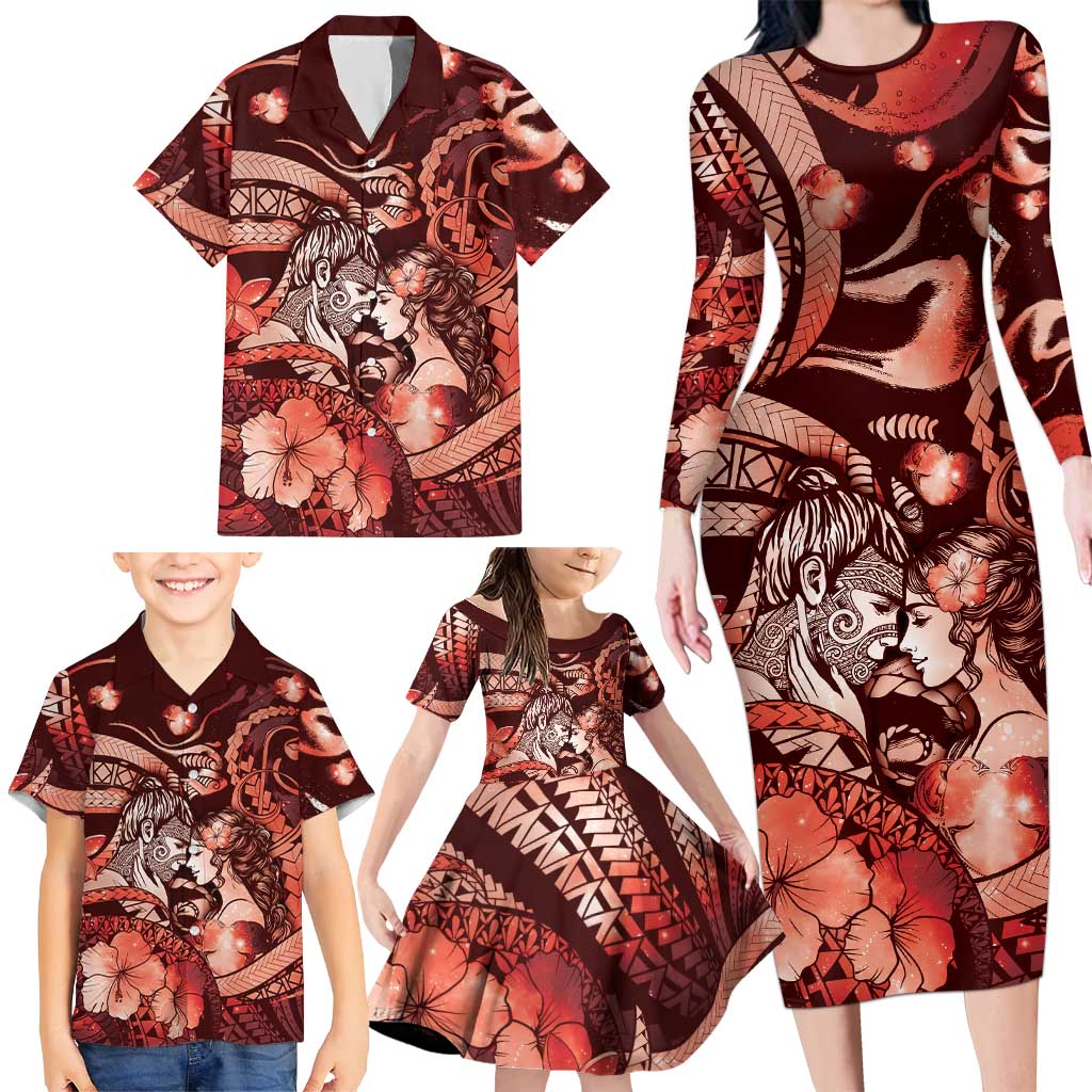 Personalised Maori Romantic Valentine Family Matching Long Sleeve Bodycon Dress and Hawaiian Shirt The Hongi Kiss Red Galaxy DT05 - Polynesian Pride