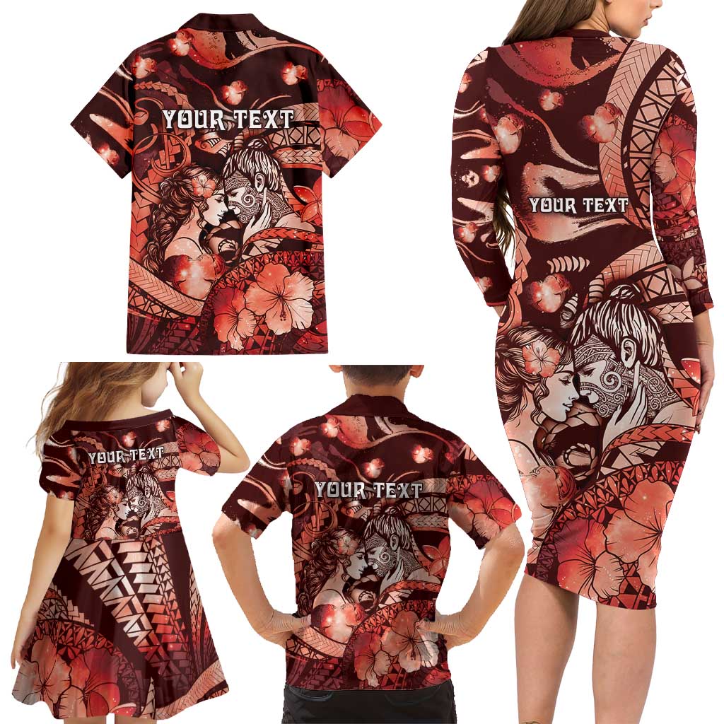 Personalised Maori Romantic Valentine Family Matching Long Sleeve Bodycon Dress and Hawaiian Shirt The Hongi Kiss Red Galaxy DT05 - Polynesian Pride