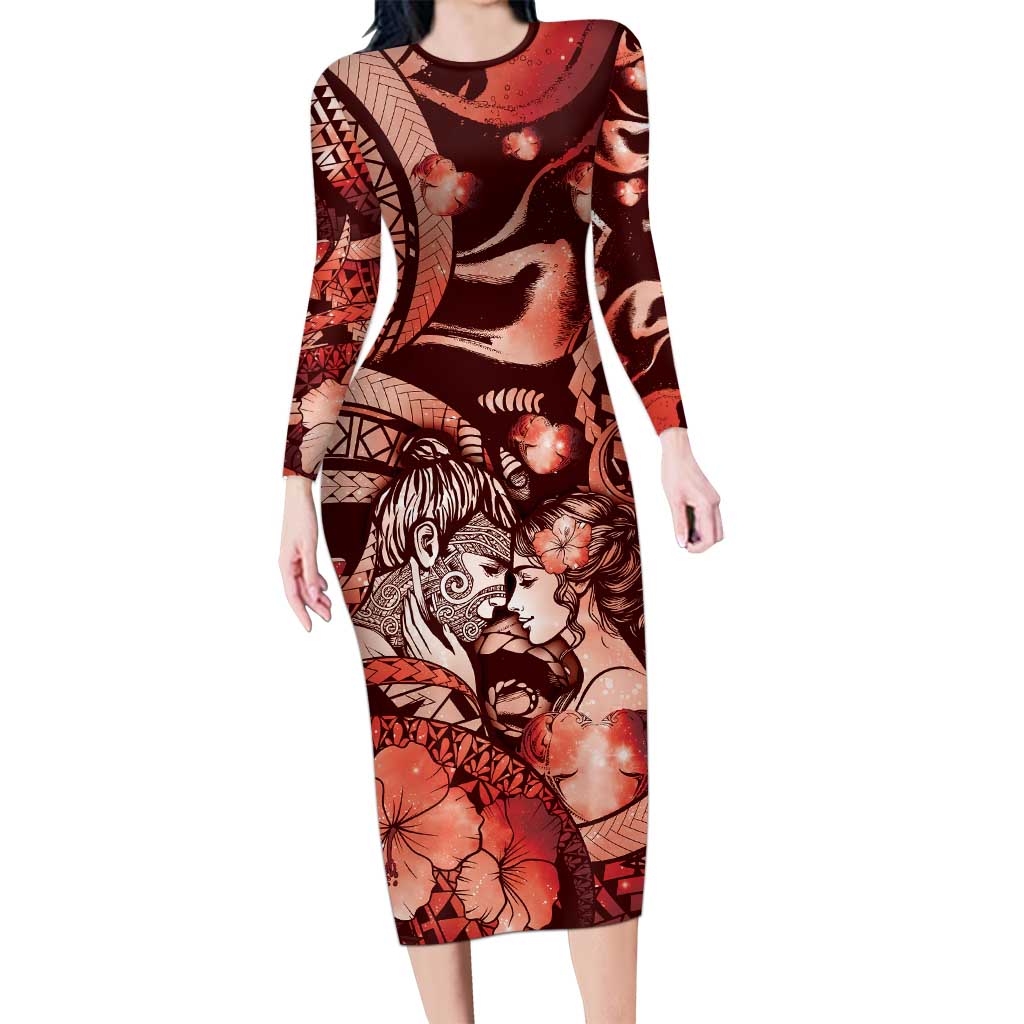 Personalised Maori Romantic Valentine Family Matching Long Sleeve Bodycon Dress and Hawaiian Shirt The Hongi Kiss Red Galaxy DT05 Mom's Dress Red - Polynesian Pride
