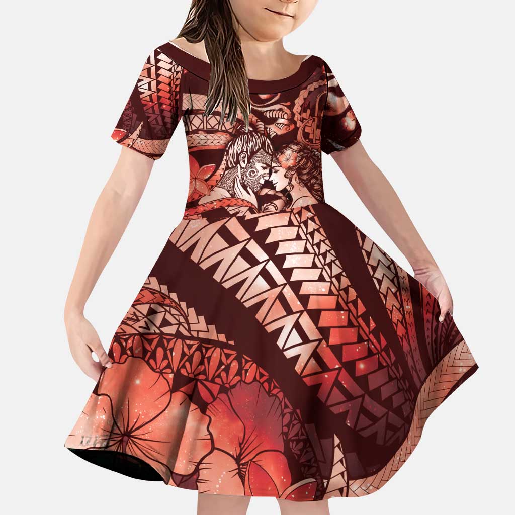Personalised Maori Romantic Valentine Family Matching Mermaid Dress and Hawaiian Shirt The Hongi Kiss Red Galaxy DT05 Daughter's Dress Red - Polynesian Pride