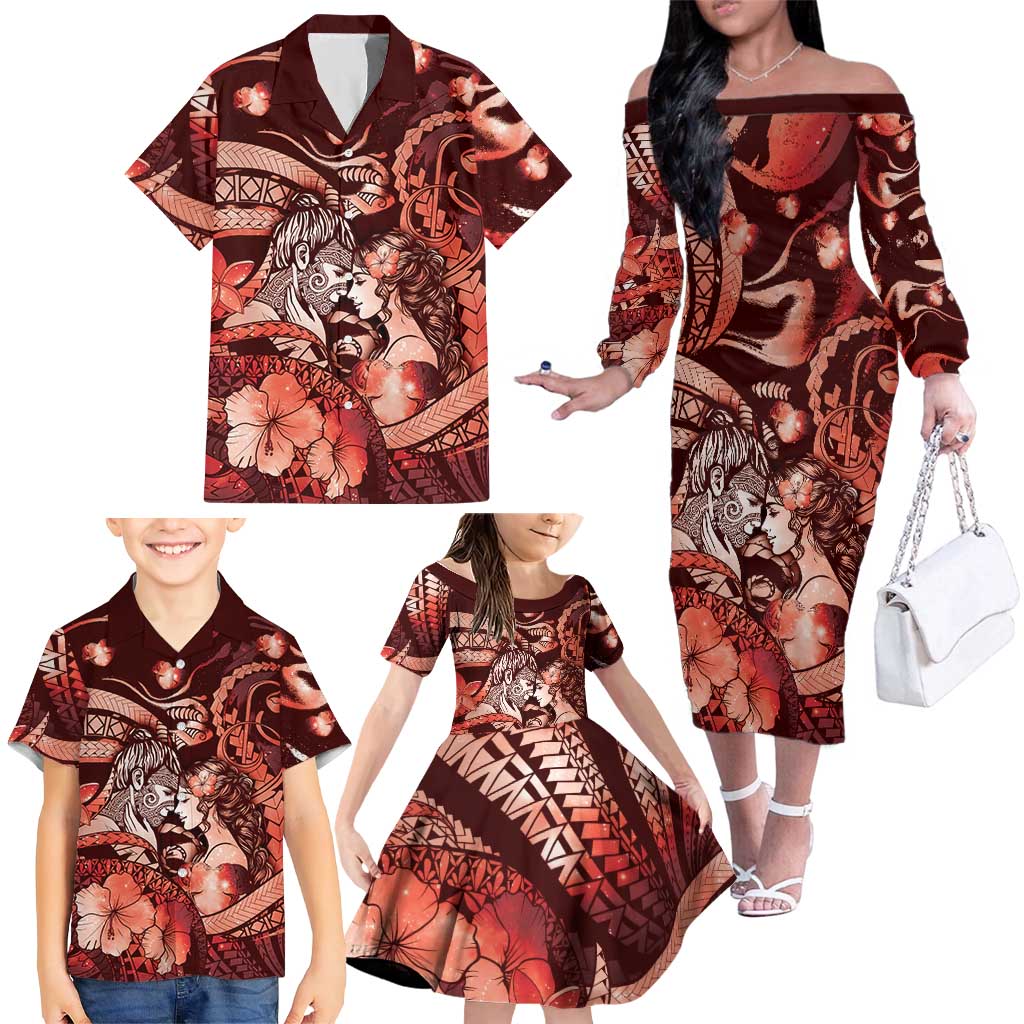 Personalised Maori Romantic Valentine Family Matching Off The Shoulder Long Sleeve Dress and Hawaiian Shirt The Hongi Kiss Red Galaxy DT05 - Polynesian Pride