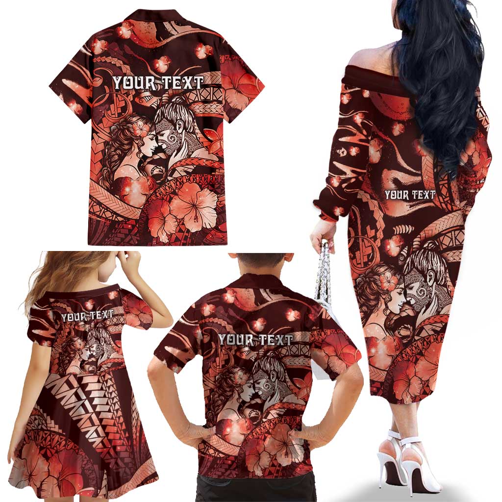 Personalised Maori Romantic Valentine Family Matching Off The Shoulder Long Sleeve Dress and Hawaiian Shirt The Hongi Kiss Red Galaxy DT05 - Polynesian Pride
