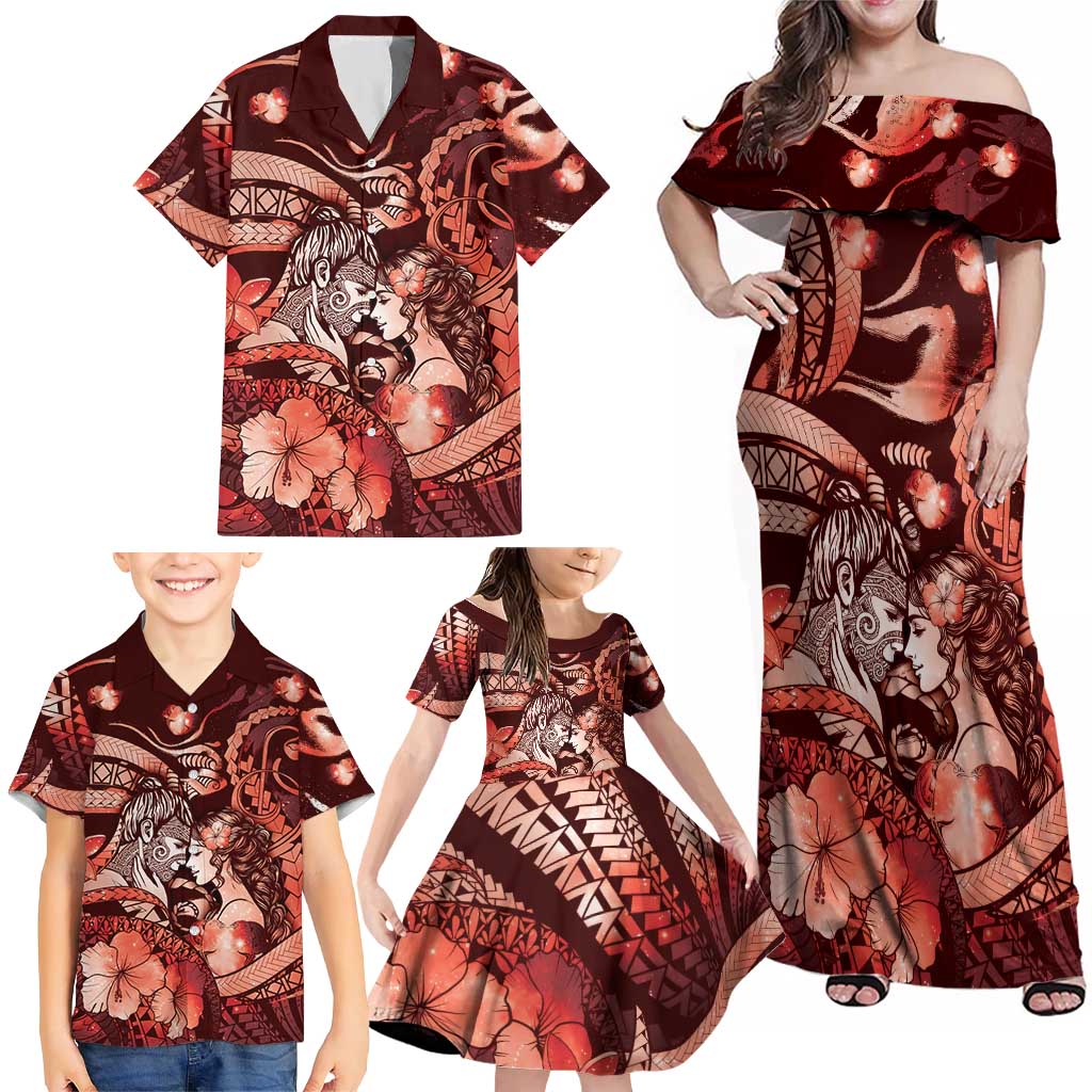 Personalised Maori Romantic Valentine Family Matching Off Shoulder Maxi Dress and Hawaiian Shirt The Hongi Kiss Red Galaxy DT05 - Polynesian Pride