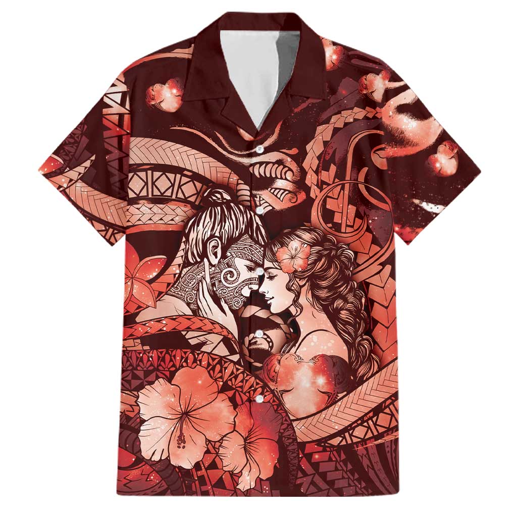 Personalised Maori Romantic Valentine Family Matching Off Shoulder Maxi Dress and Hawaiian Shirt The Hongi Kiss Red Galaxy DT05 Dad's Shirt - Short Sleeve Red - Polynesian Pride