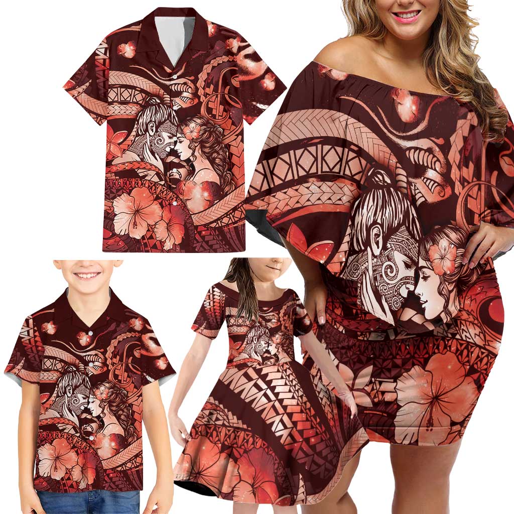 Personalised Maori Romantic Valentine Family Matching Off Shoulder Short Dress and Hawaiian Shirt The Hongi Kiss Red Galaxy DT05 - Polynesian Pride