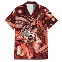 Personalised Maori Romantic Valentine Family Matching Off Shoulder Short Dress and Hawaiian Shirt The Hongi Kiss Red Galaxy DT05 Dad's Shirt - Short Sleeve Red - Polynesian Pride