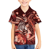 Personalised Maori Romantic Valentine Family Matching Off Shoulder Short Dress and Hawaiian Shirt The Hongi Kiss Red Galaxy DT05 Son's Shirt Red - Polynesian Pride
