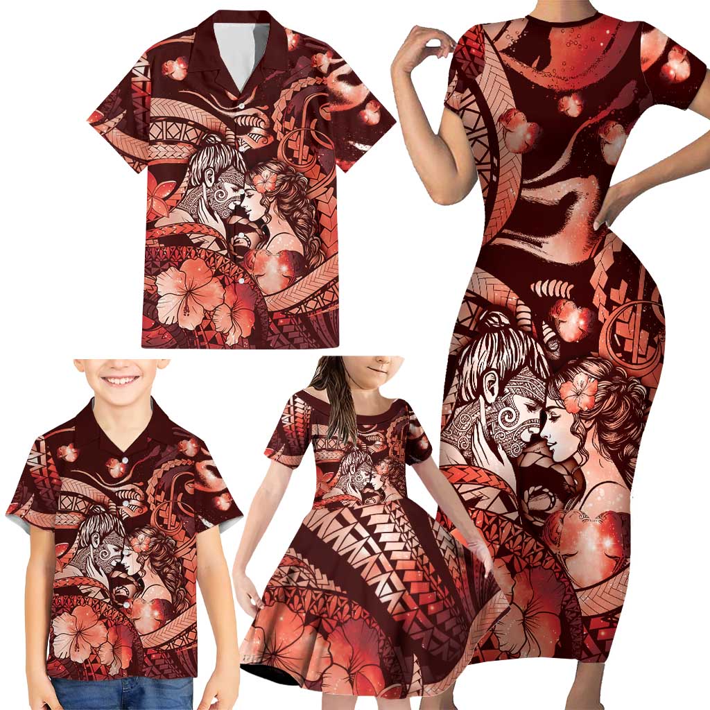 Personalised Maori Romantic Valentine Family Matching Short Sleeve Bodycon Dress and Hawaiian Shirt The Hongi Kiss Red Galaxy DT05 - Polynesian Pride