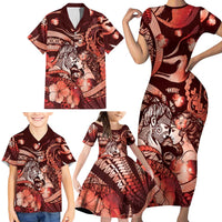 Personalised Maori Romantic Valentine Family Matching Short Sleeve Bodycon Dress and Hawaiian Shirt The Hongi Kiss Red Galaxy DT05 - Polynesian Pride