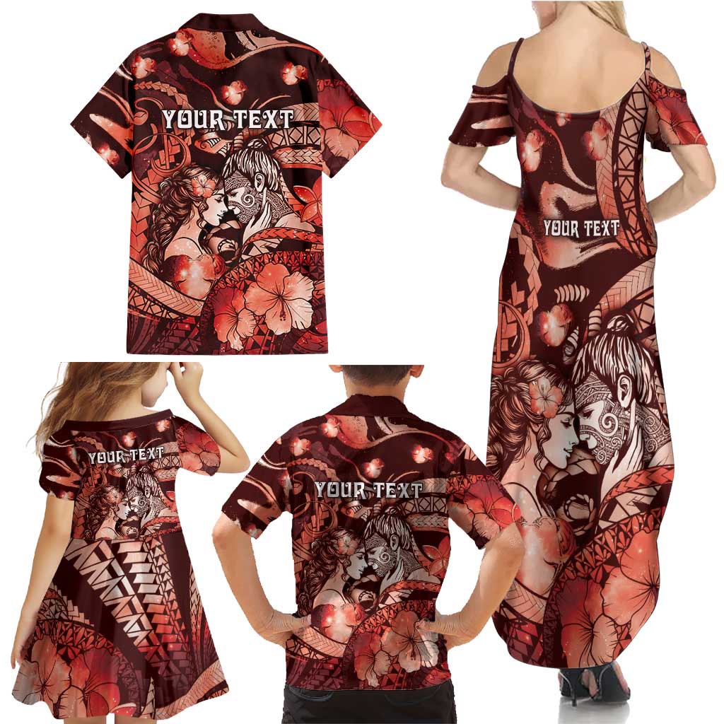 Personalised Maori Romantic Valentine Family Matching Summer Maxi Dress and Hawaiian Shirt The Hongi Kiss Red Galaxy DT05 - Polynesian Pride