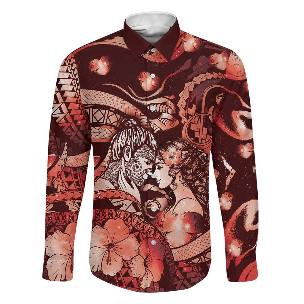 Personalised Maori Romantic Valentine Family Matching Summer Maxi Dress and Hawaiian Shirt The Hongi Kiss Red Galaxy DT05 Dad's Shirt - Long Sleeve Red - Polynesian Pride