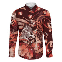 Personalised Maori Romantic Valentine Family Matching Summer Maxi Dress and Hawaiian Shirt The Hongi Kiss Red Galaxy DT05 Dad's Shirt - Long Sleeve Red - Polynesian Pride