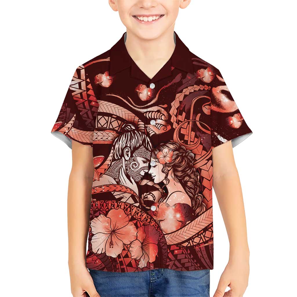 Personalised Maori Romantic Valentine Family Matching Summer Maxi Dress and Hawaiian Shirt The Hongi Kiss Red Galaxy DT05 Son's Shirt Red - Polynesian Pride