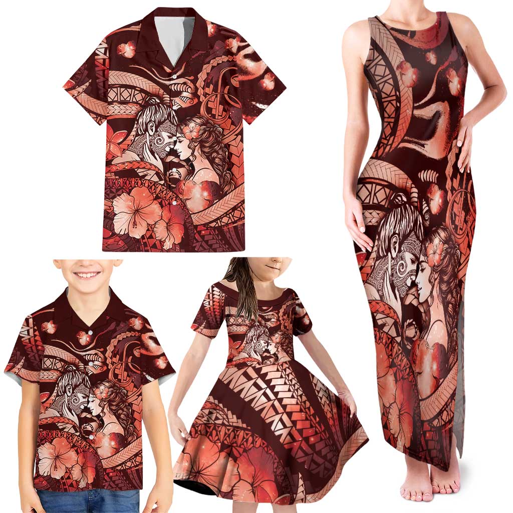 Personalised Maori Romantic Valentine Family Matching Tank Maxi Dress and Hawaiian Shirt The Hongi Kiss Red Galaxy DT05 - Polynesian Pride