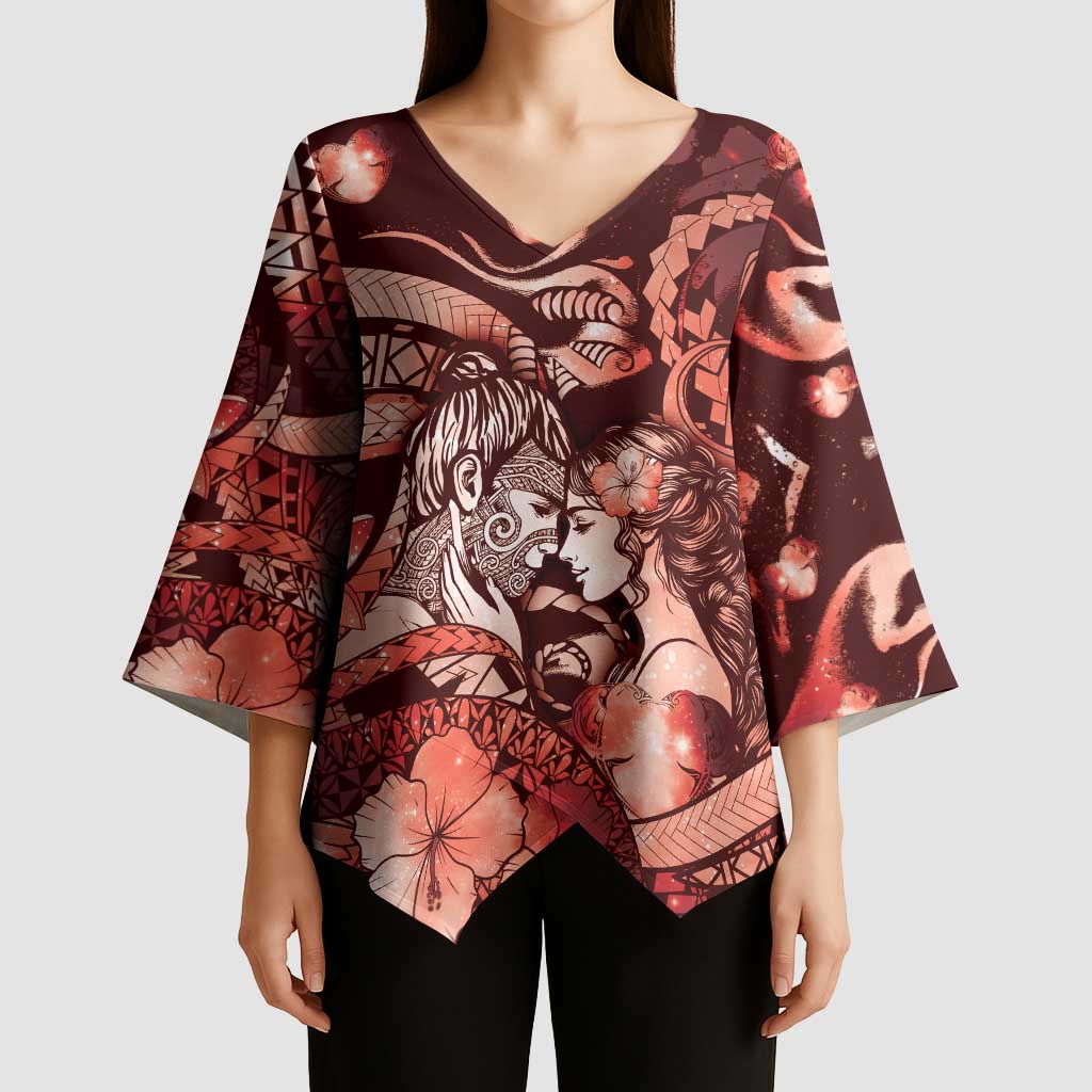 Personalised Maori Romantic Valentine Kimono Sleeve Blouse The Hongi Kiss Red Galaxy