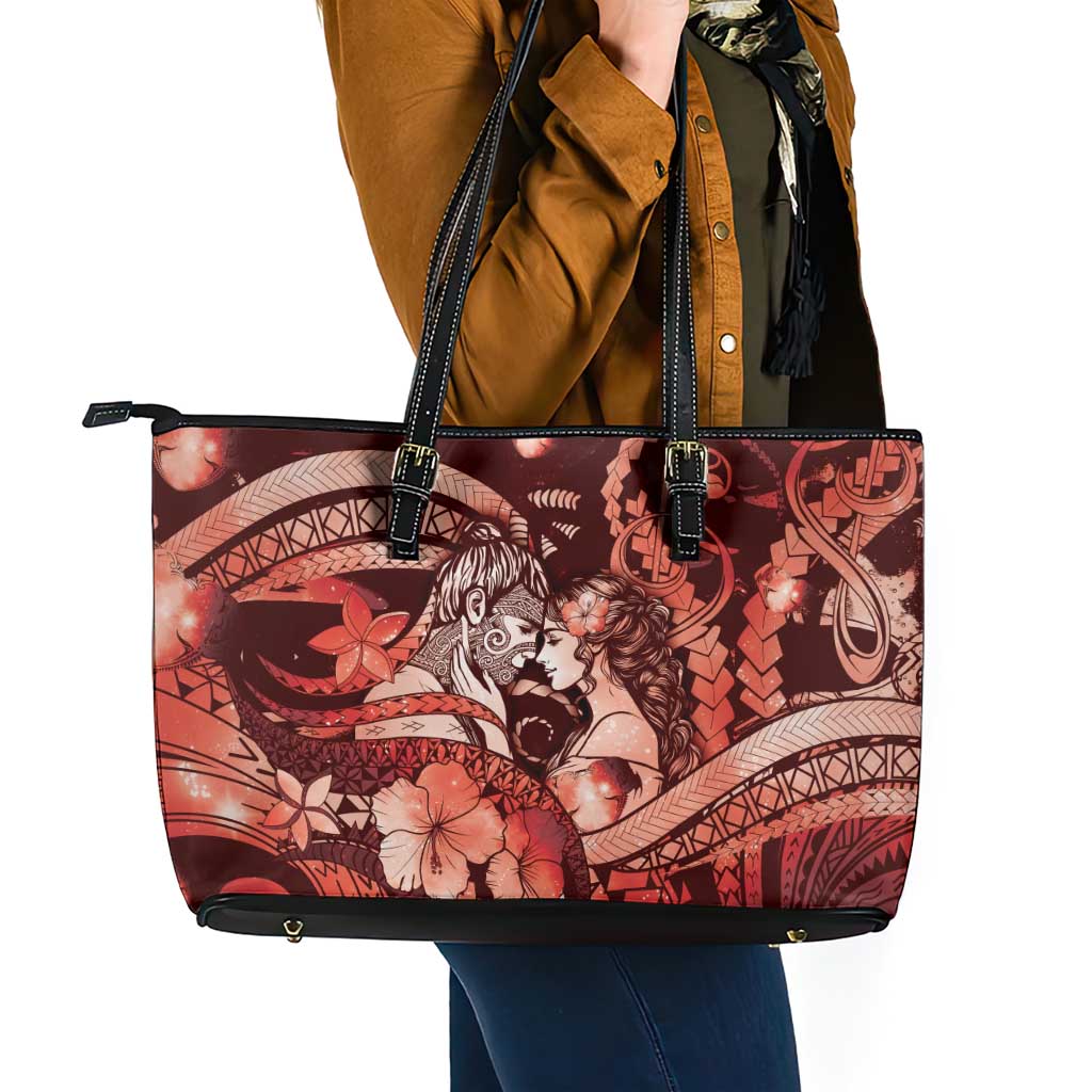 Maori Romantic Valentine Leather Tote Bag The Hongi Kiss Red Galaxy