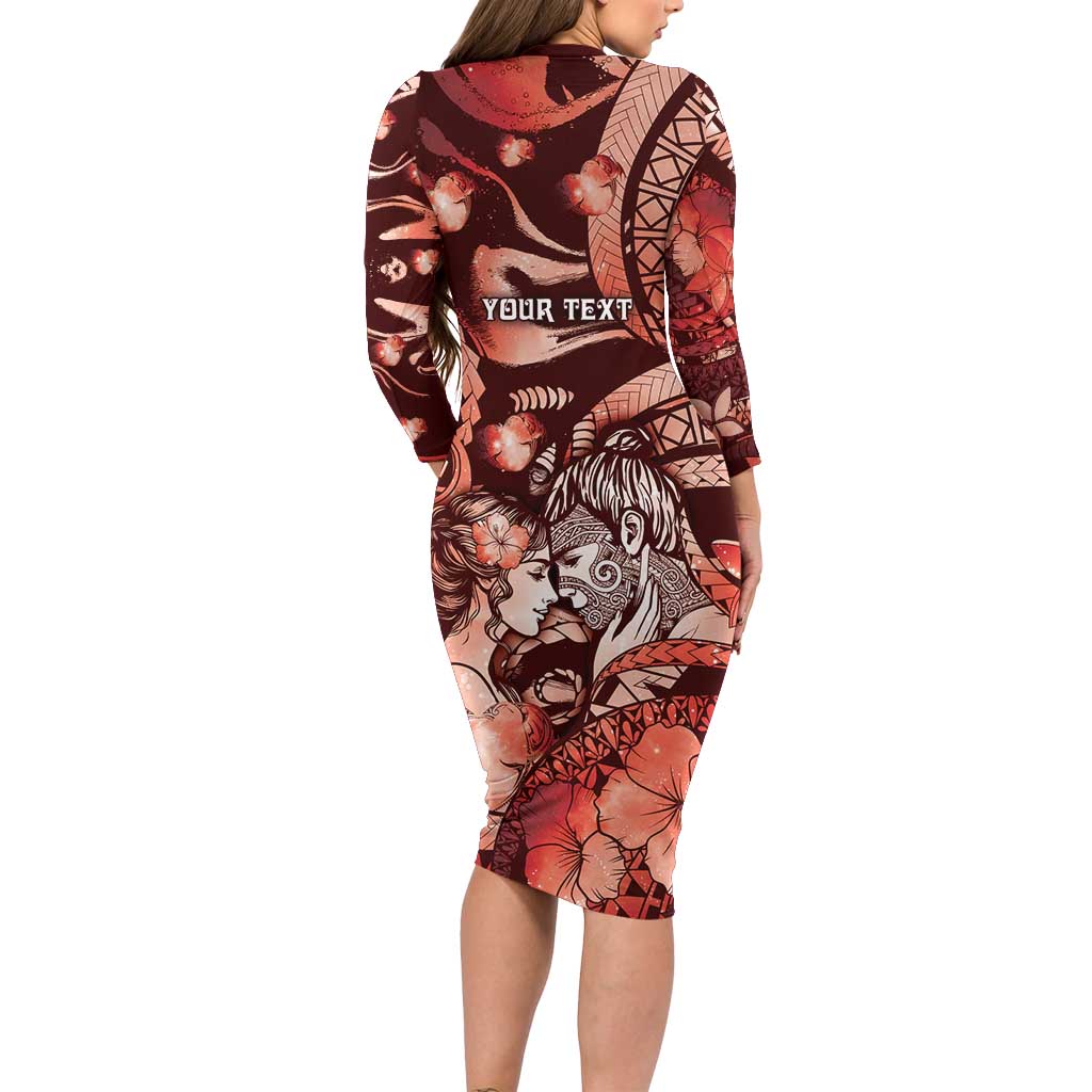 Personalised Maori Romantic Valentine Long Sleeve Bodycon Dress The Hongi Kiss Red Galaxy