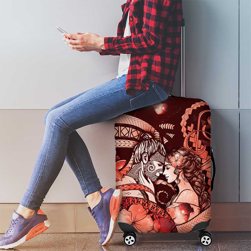 Maori Romantic Valentine Luggage Cover The Hongi Kiss Red Galaxy
