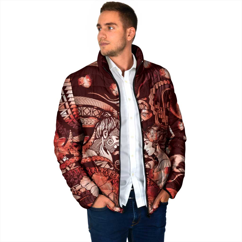 Personalised Maori Romantic Valentine Padded Jacket The Hongi Kiss Red Galaxy