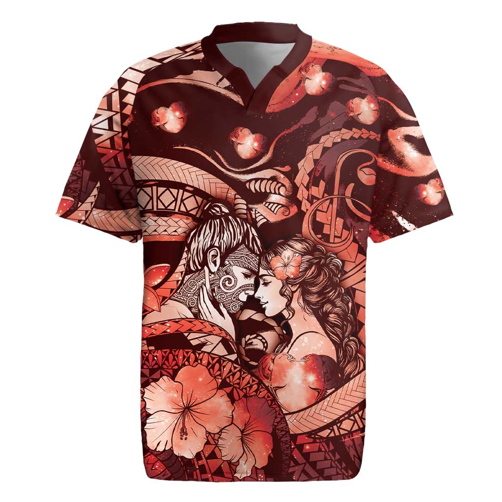 Personalised Maori Romantic Valentine Rugby Jersey The Hongi Kiss Red Galaxy