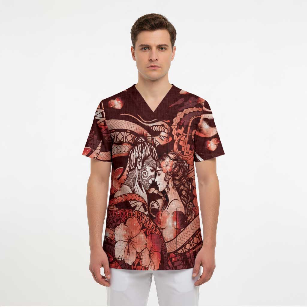 Personalised Maori Romantic Valentine Scrub Top The Hongi Kiss Red Galaxy