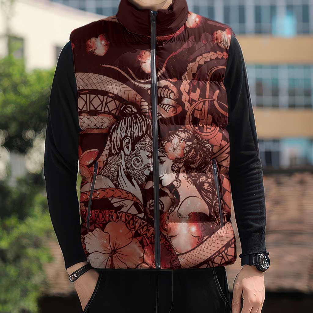Personalised Maori Romantic Valentine Sleeveless Puffer Jacket The Hongi Kiss Red Galaxy