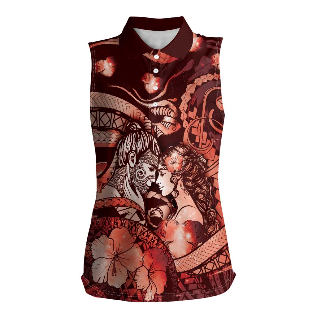 Personalised Maori Romantic Valentine Women Sleeveless Polo Shirt The Hongi Kiss Red Galaxy DT05 Female Red - Polynesian Pride