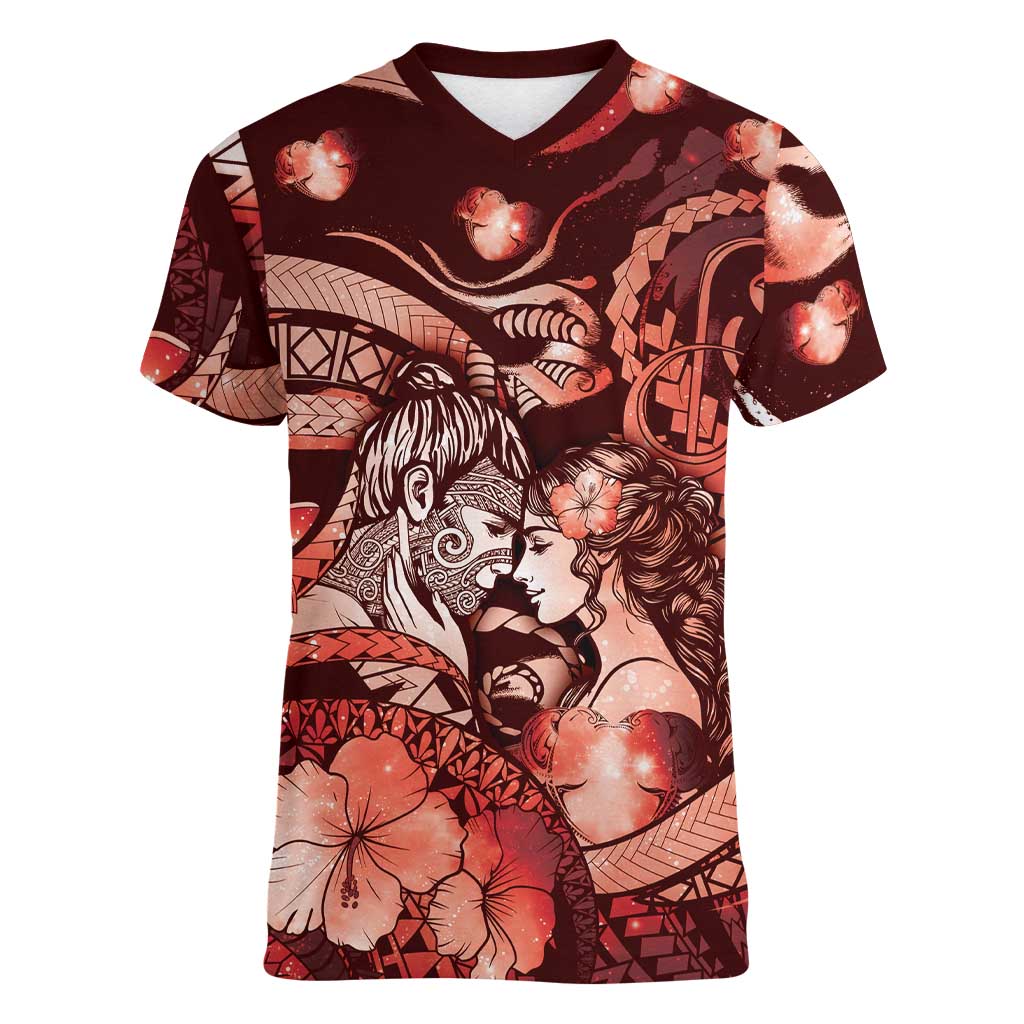 Personalised Maori Romantic Valentine Women V-Neck T-Shirt The Hongi Kiss Red Galaxy DT05 Female Red - Polynesian Pride